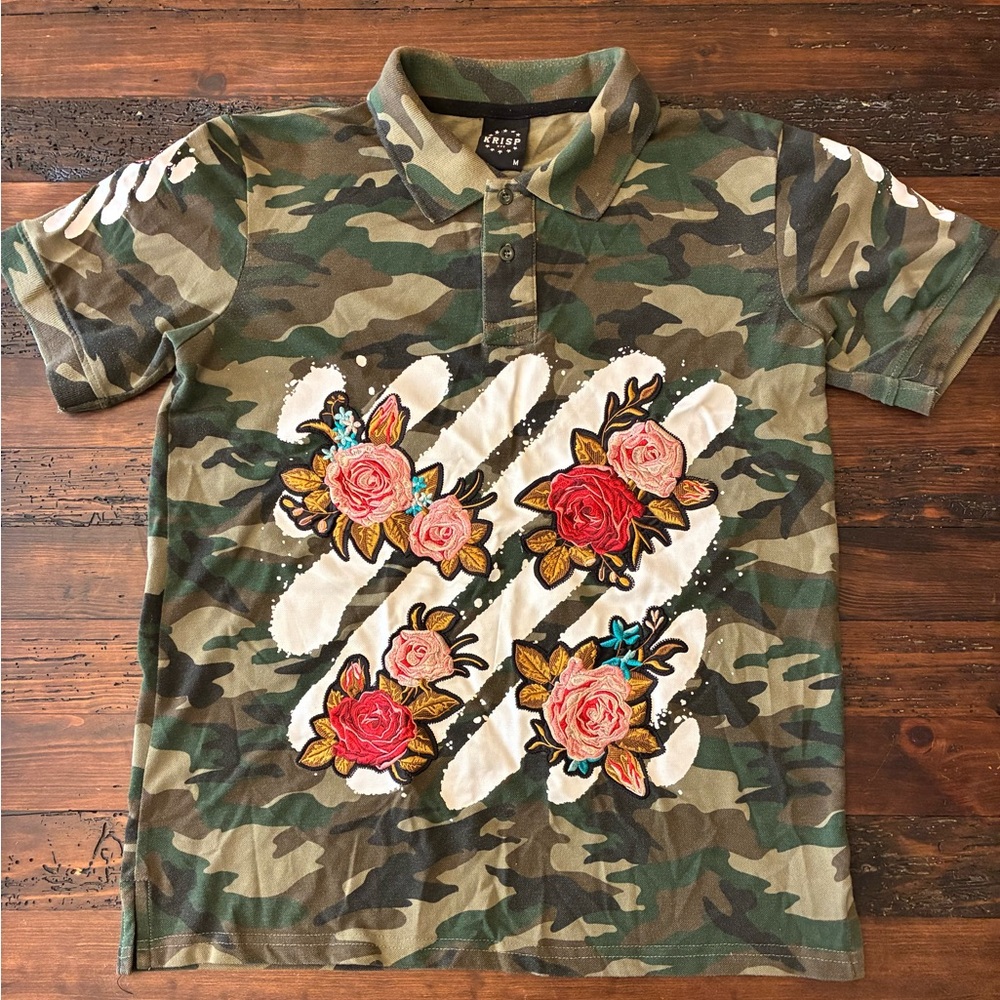 Krisp Camo Polo Shirt with Floral Embroidered Men's Medium Streetwear Unique EUC